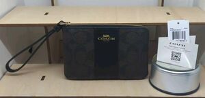 Coach Corner Zip Wristlet - Walnut/Black Signature Canvas, Brand New